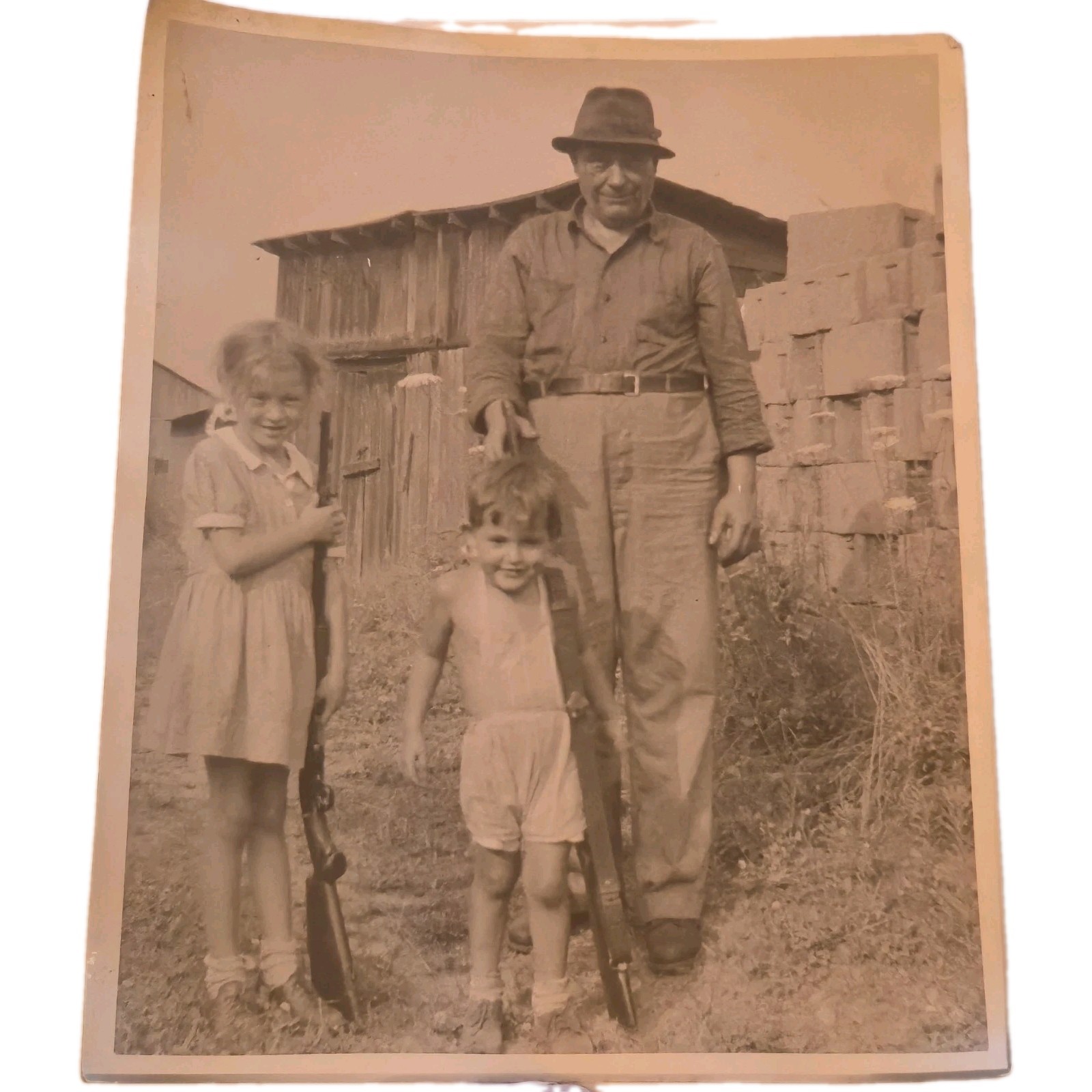 Vintage 8x10 Original Photo Children With Grandfather Rifles Rural Americana B&W