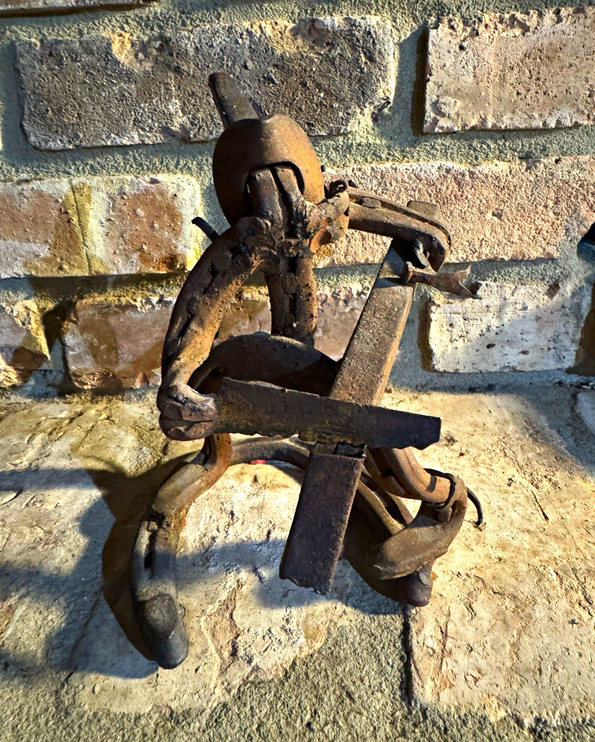 Vintage Folk art Cowboy Sawing Wood Horseshoe Scrap Metal Sculpture Texas