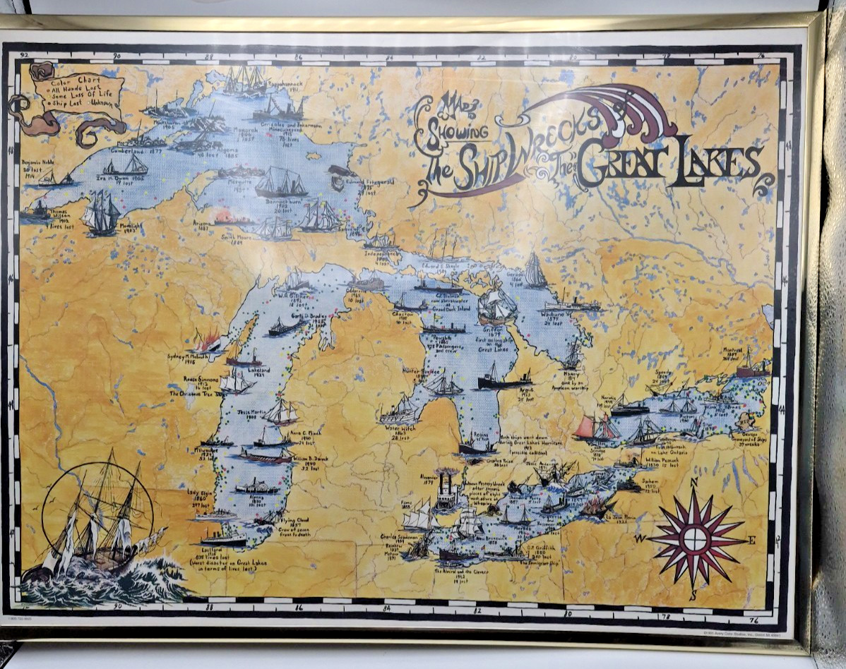 The Shipwrecks Of The Great Lakes Map With Color Code Legend Rare Vintage 1991