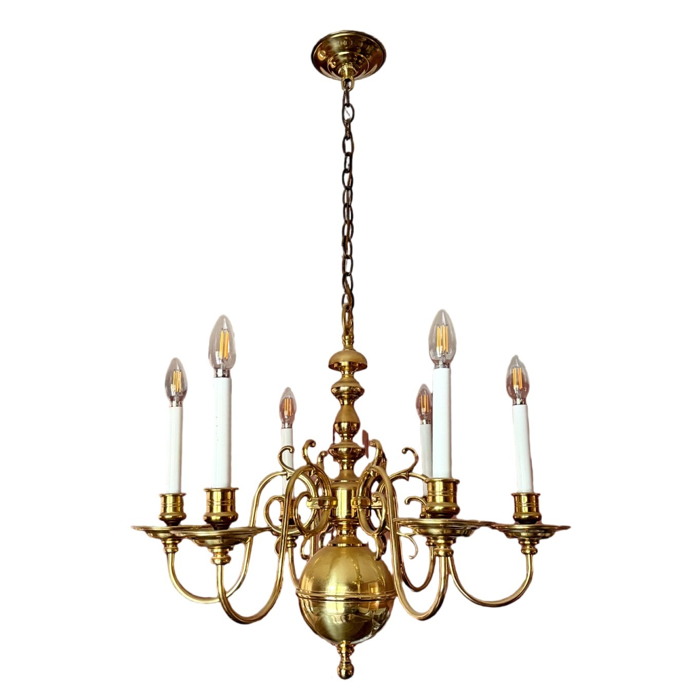Vintage 6-Arm Dutch Queen Anne Style Brass Chandelier - 23