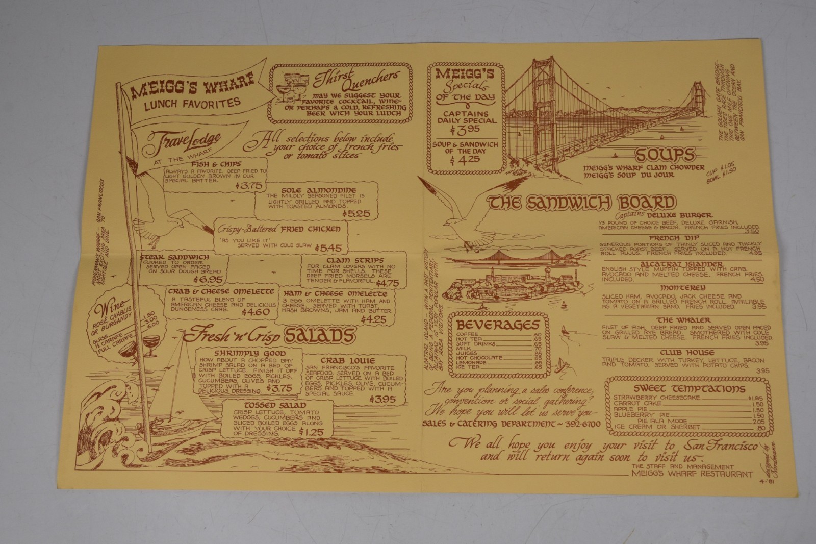 Vintage Meigg's Wharf Restaurant Menu San Francisco Retro 1980s