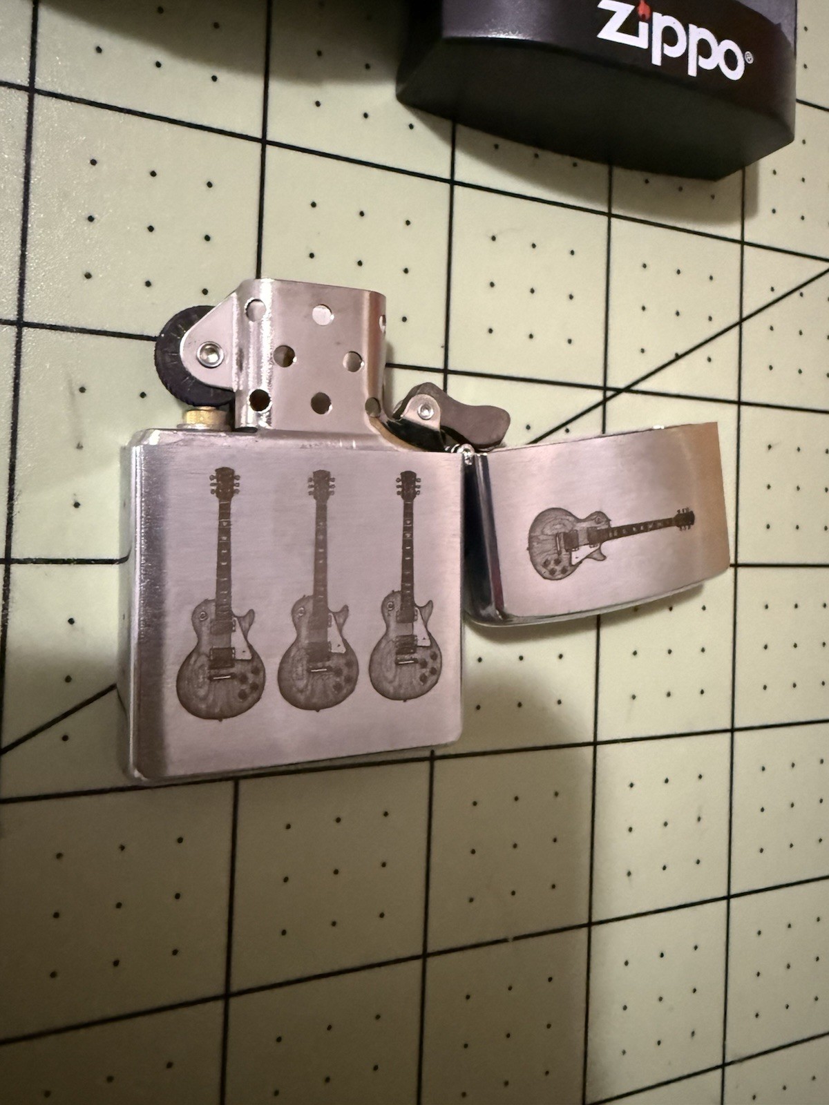 Zippo Pocket Lighter - Brushed Chrome Tecate Gibson Les Paul Guitar Custom