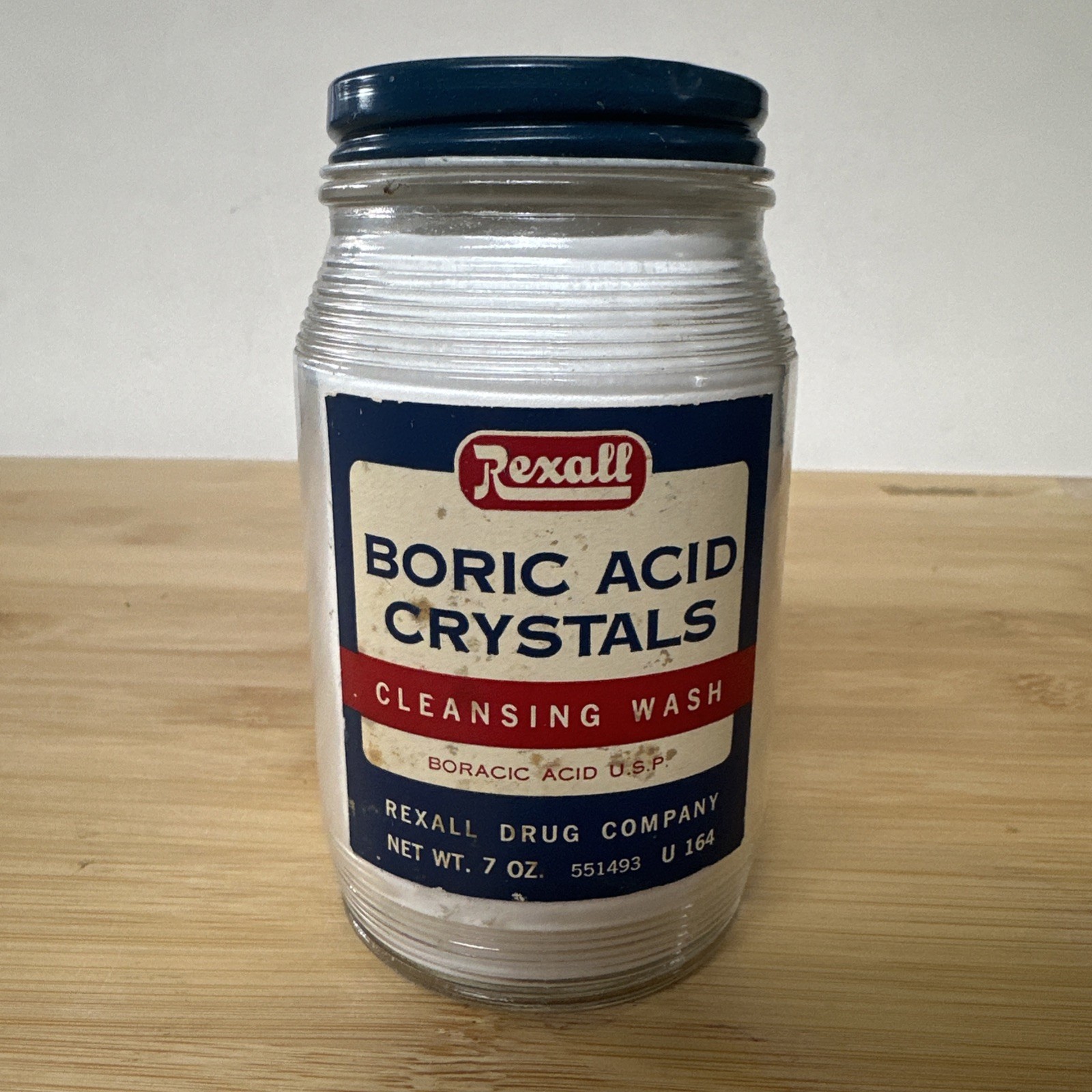 Antique Rexall Boric Acid 7 oz Glass Bottle - Mid-Century Pharmacy Prop FULL