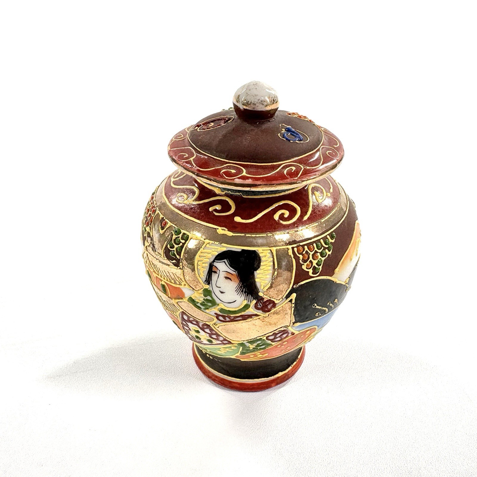 Antique Satsuma Takito TT Japan HAND PAINTED Moriage Ginger Jar Vase Geisha Tiny