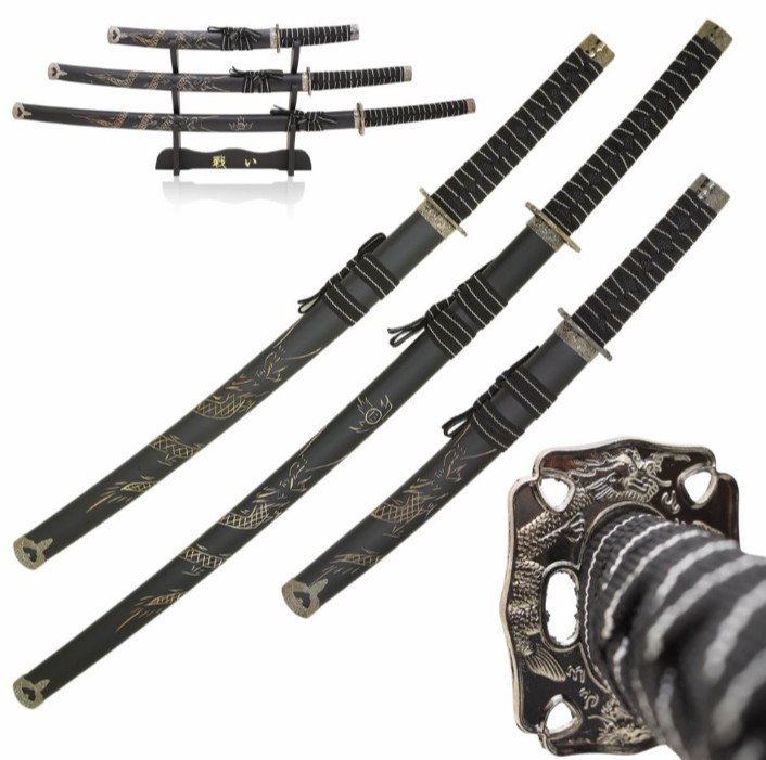 Dragon Design 3PC Japanese Samurai Katana Sword Set-Katana, Wakizashi, & Tanto