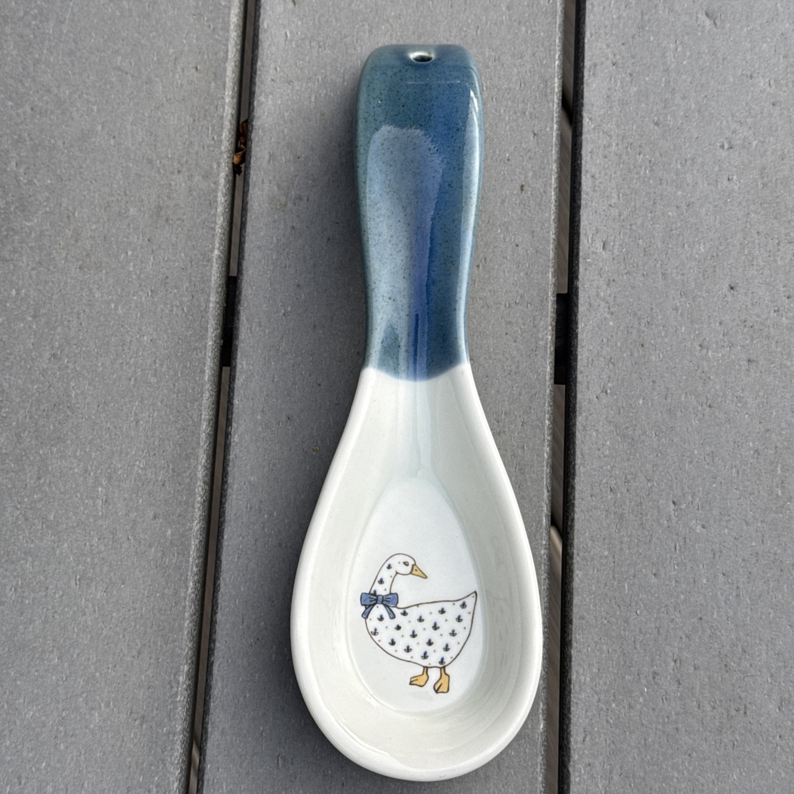 Vintage Otagiri Ceramic Blue and White Spoon Rest Wall Art with Speckle Goose