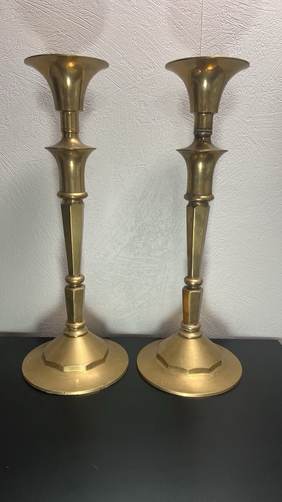 Pair of VTG Brass Candlestick Holders Hexagonal Base Flared Tulip Top MCM 20inch