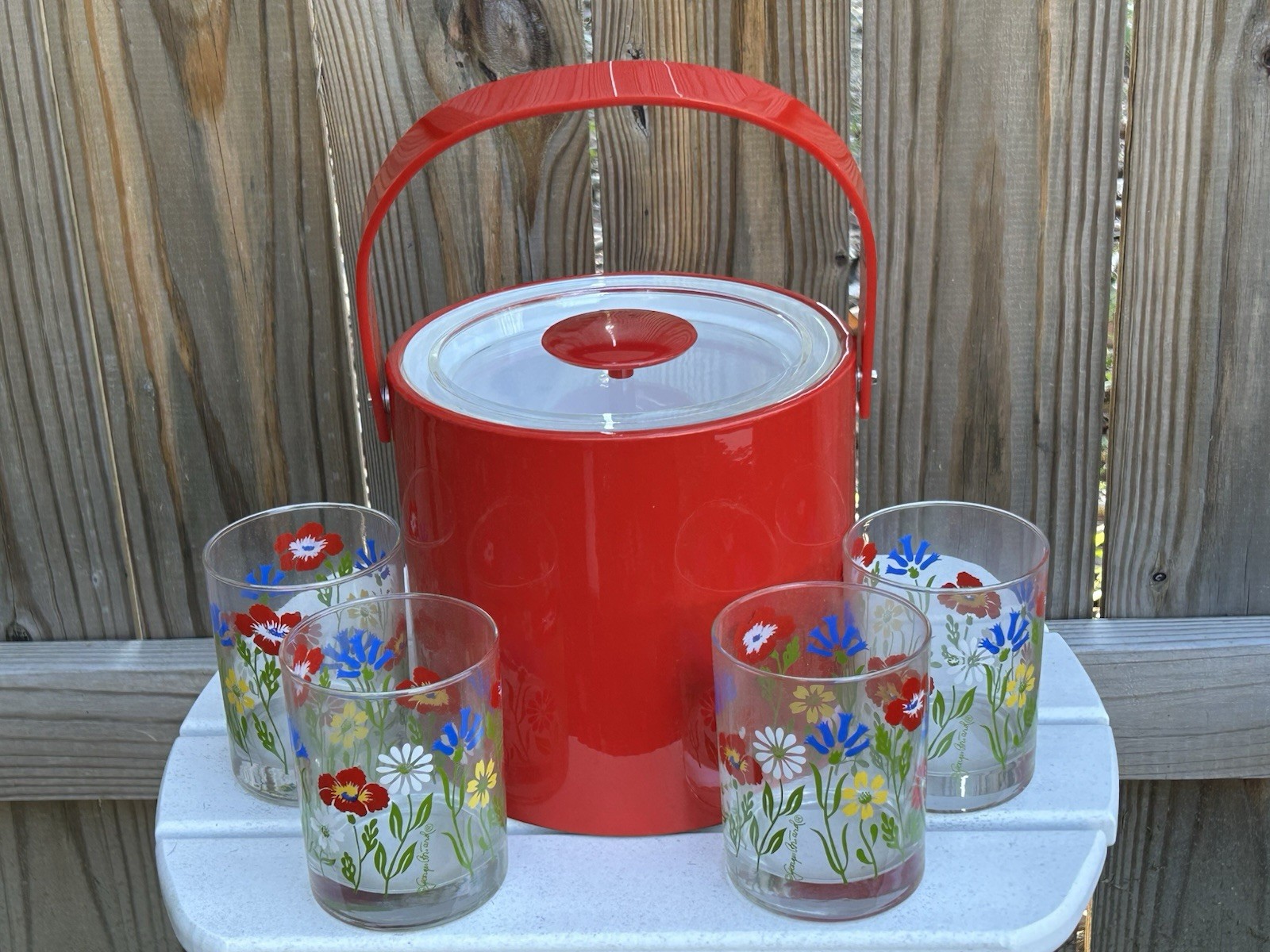 Vintage Georges Briard MCM Red Vinyl Ice Bucket Set w/4 Signed Rocks Glasses NOS