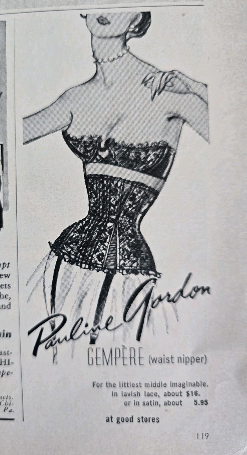 1951 Women\'s Pauline Gordon Black Lace Gempere Waist Nipper Bra Vintage ad