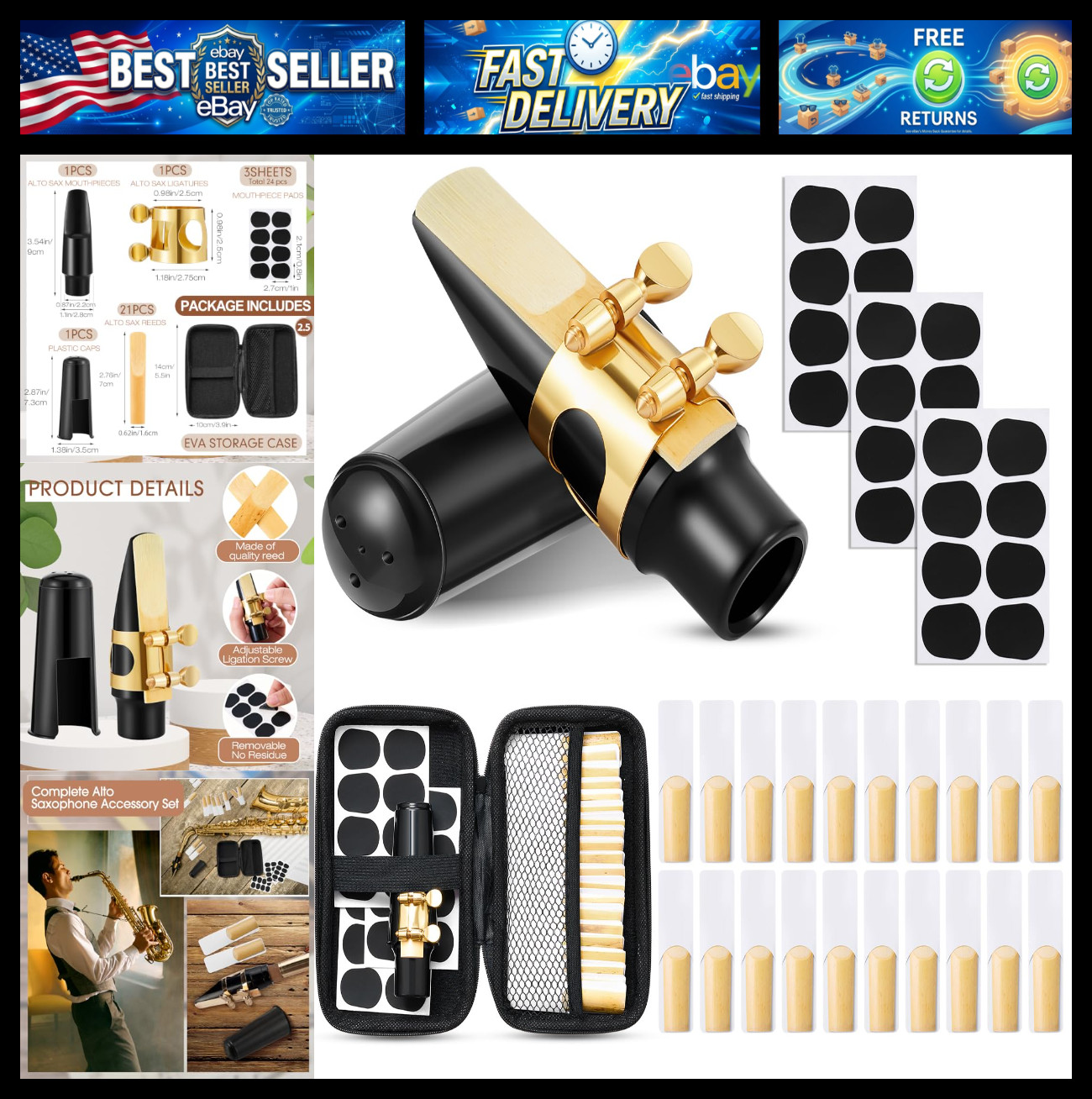 Treela 49 Pcs Alto Saxophone Replacement Kit Includes 1 Gold Sax Ligature 1 Mout