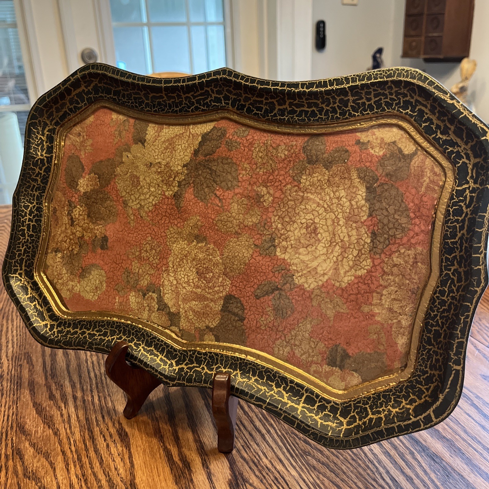 Vtg Italian Florentine Wood Tray 15.25”x9.5” Crackle Finish Cabbage Roses Red/Gr