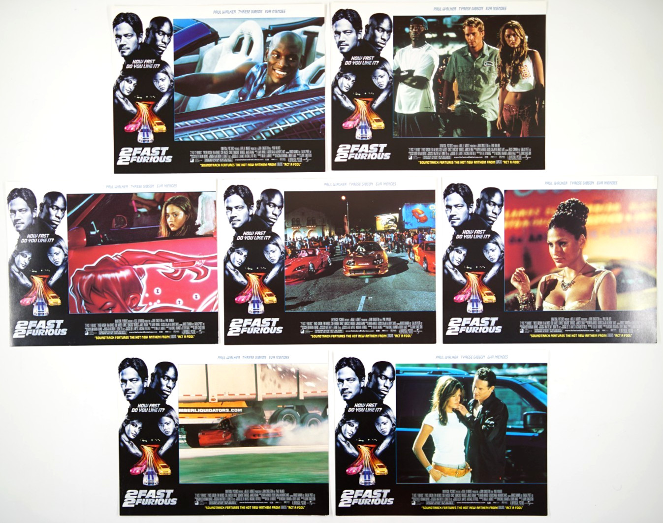 2 FAST AND 2 FURIOUS The Lot Set of 7 Orig. Movie Lobby Cards 2003 & PAUL WALKER