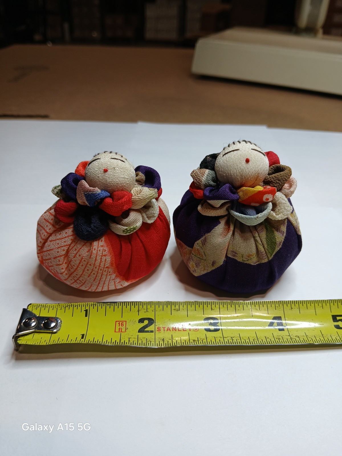 Pair Of Vintage 1980's Handcrafted Japanese Chirimen Otedama Dolls Japan