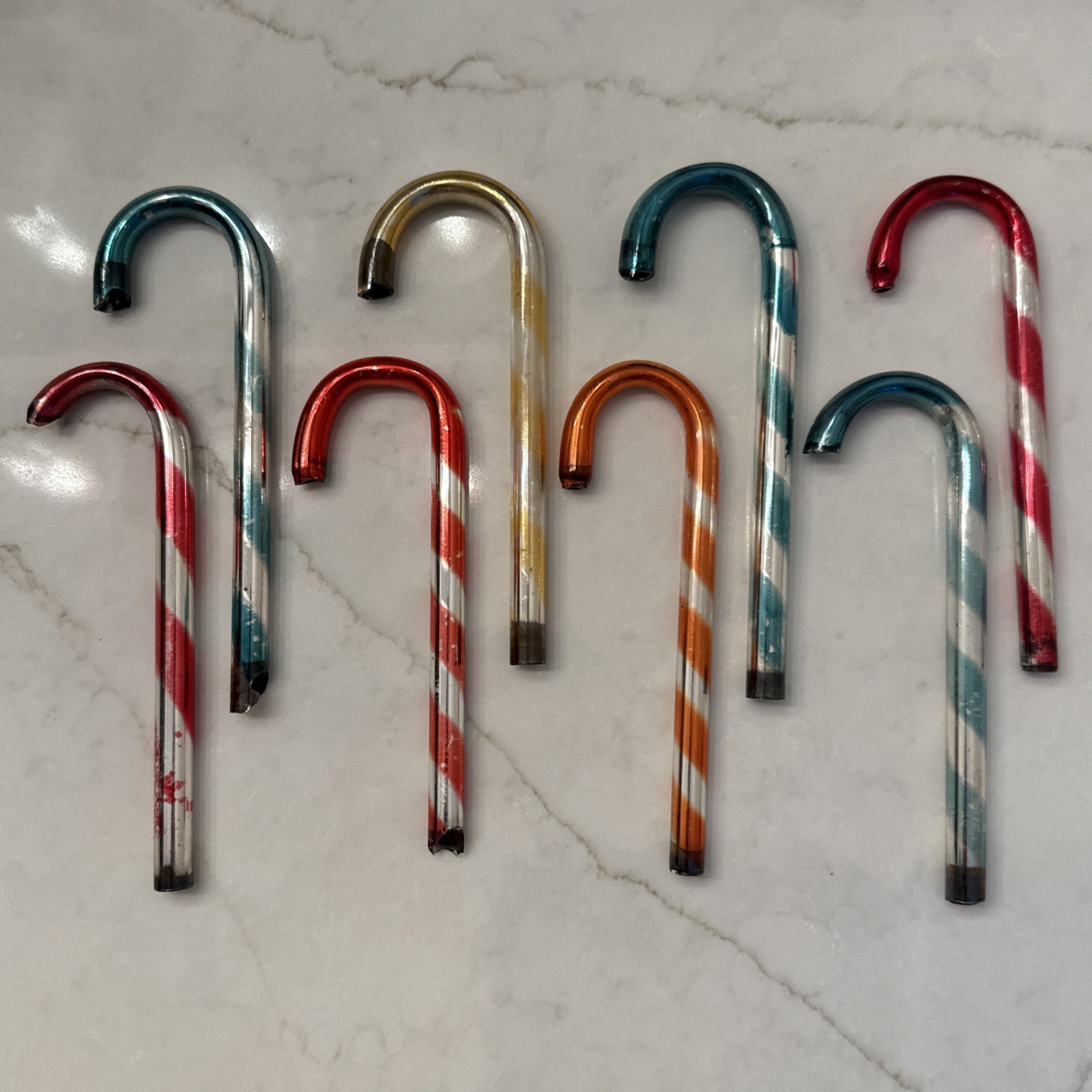 Vintage Kentlee Mercury Glass Candy Cane Ornaments (8) 1940s USA Antique Xmas