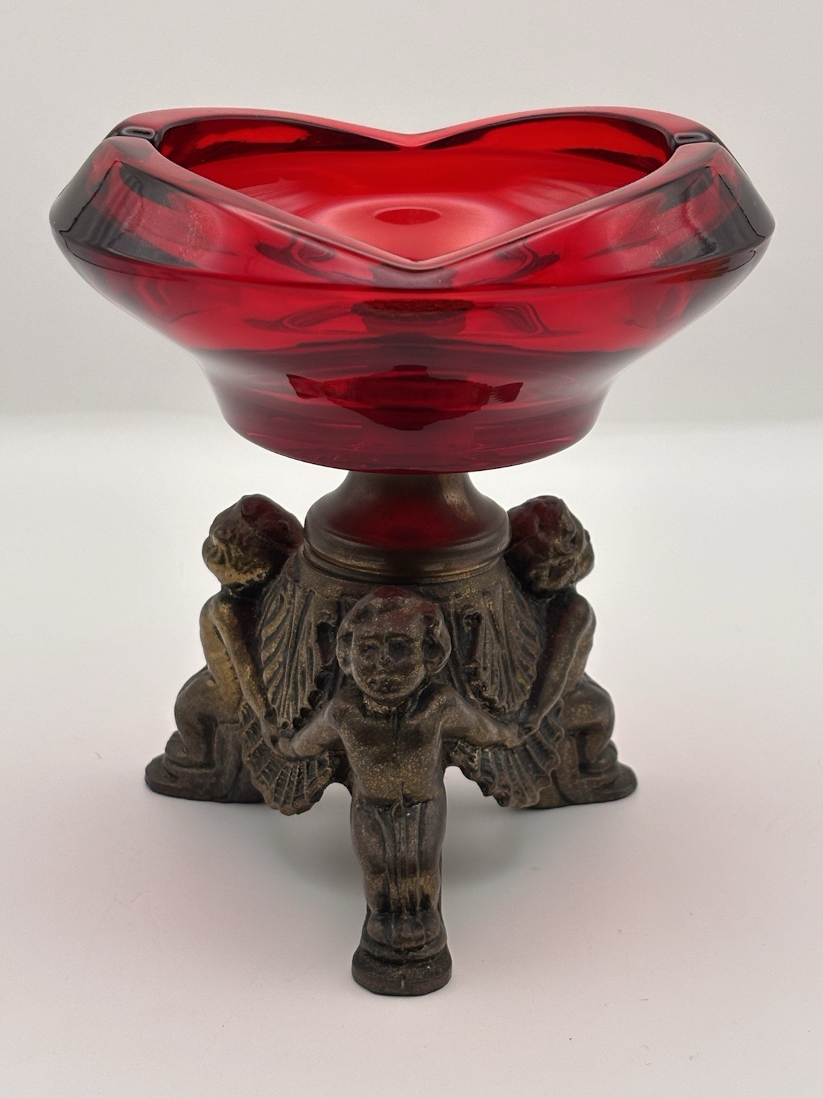 Vintage Ruby Red Glass Ashtray Bowl Metal Cherub Pedestal Gothic MCM Centerpiece