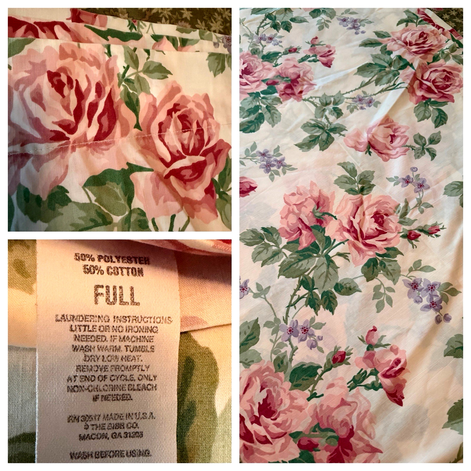 VTG THE BIBB CO WHITE W/ PINK ROSES COTTON BLEND FLAT SHEET SZ~ FULL