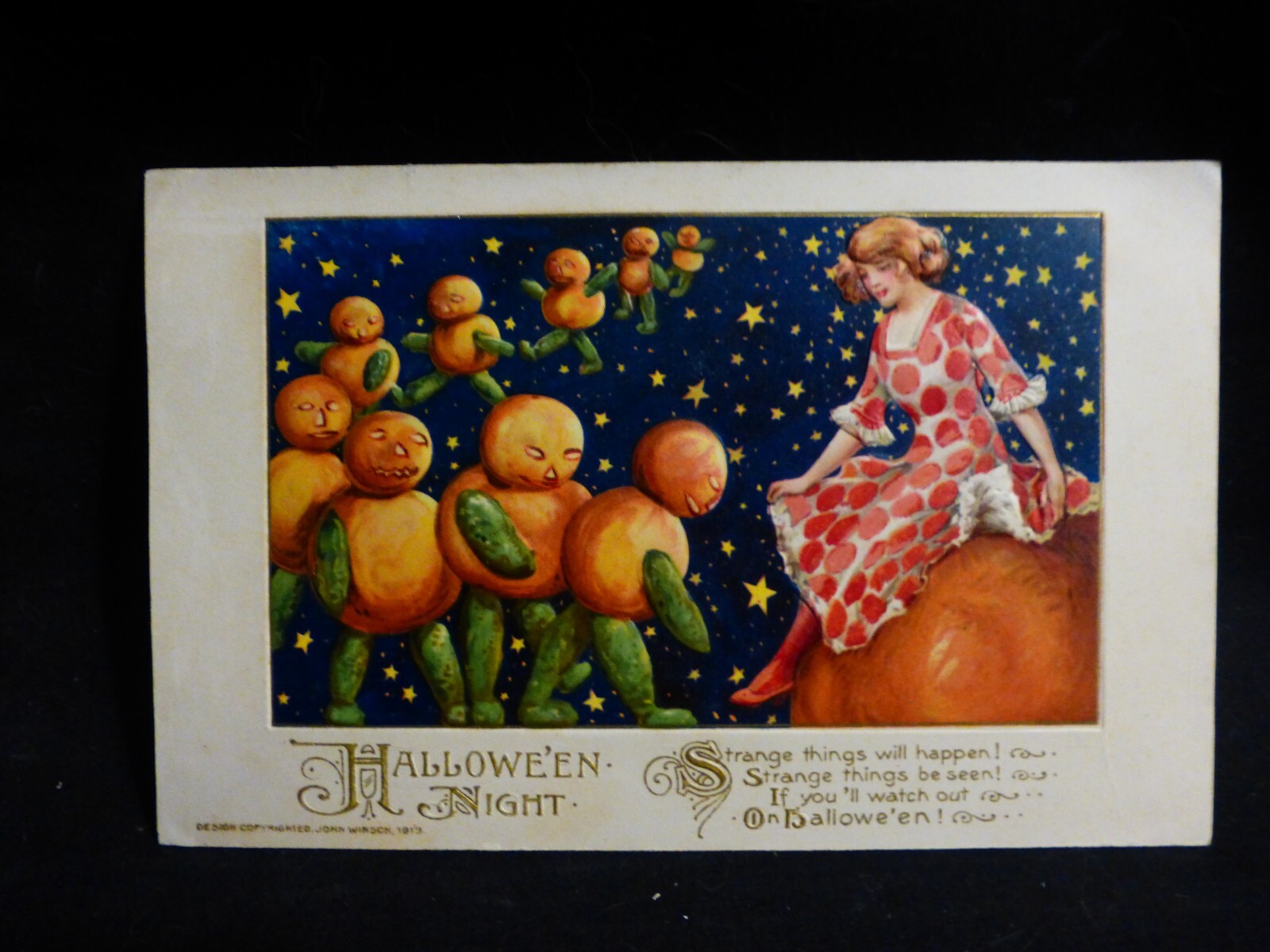 Halloween Postcard-HTF Winsch--Veggie Men Marching to their Queen -ON Pumpkin