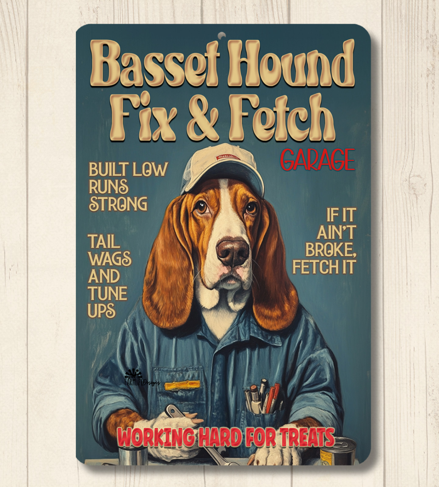 Basset Hound Mechanic Sign Fix & Fetch Garage dog funny metal man cave dad gift