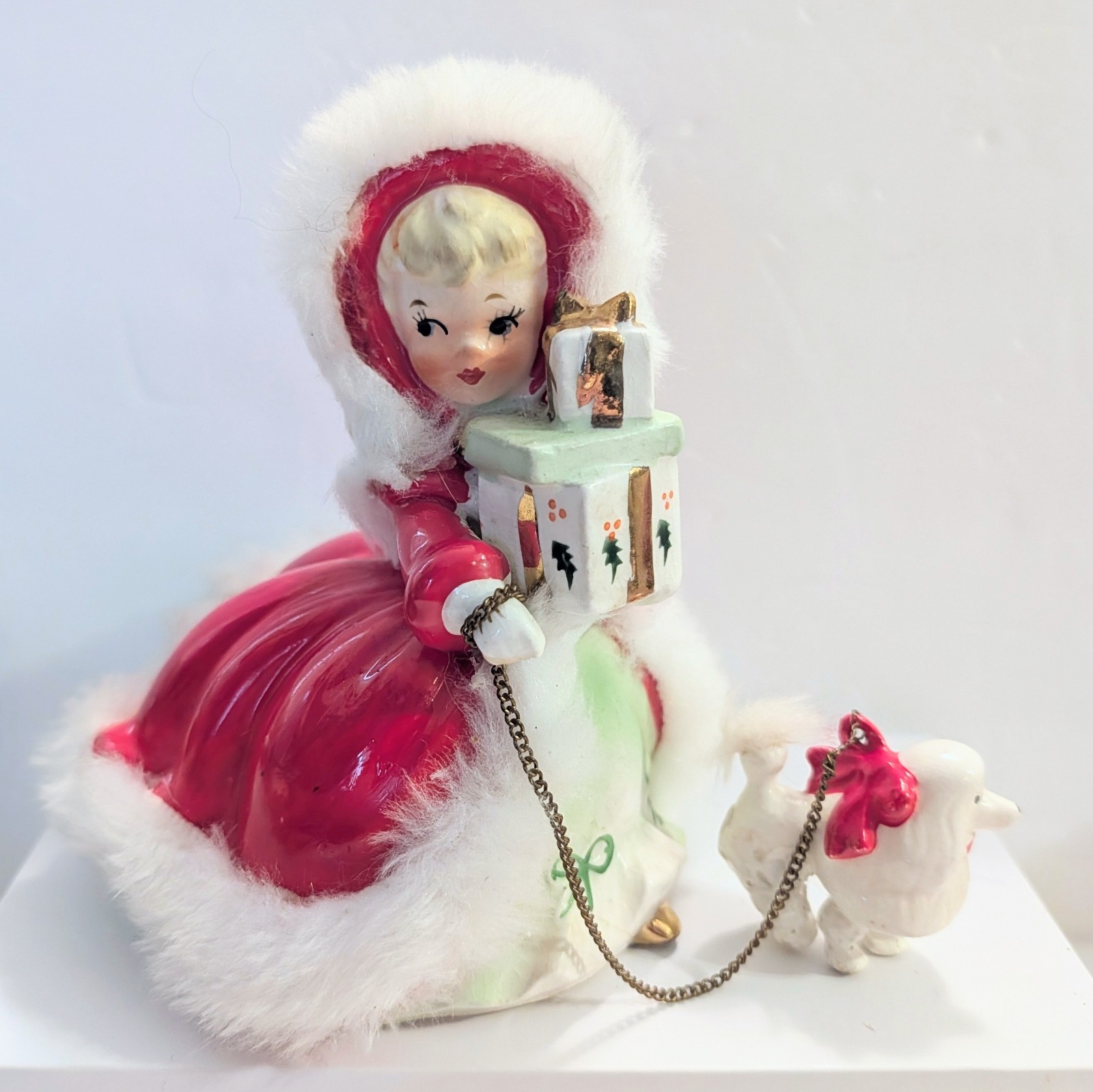 Vintage Napco Christmas Shopper Girl Figurine With Poodle Original Chain Leash.