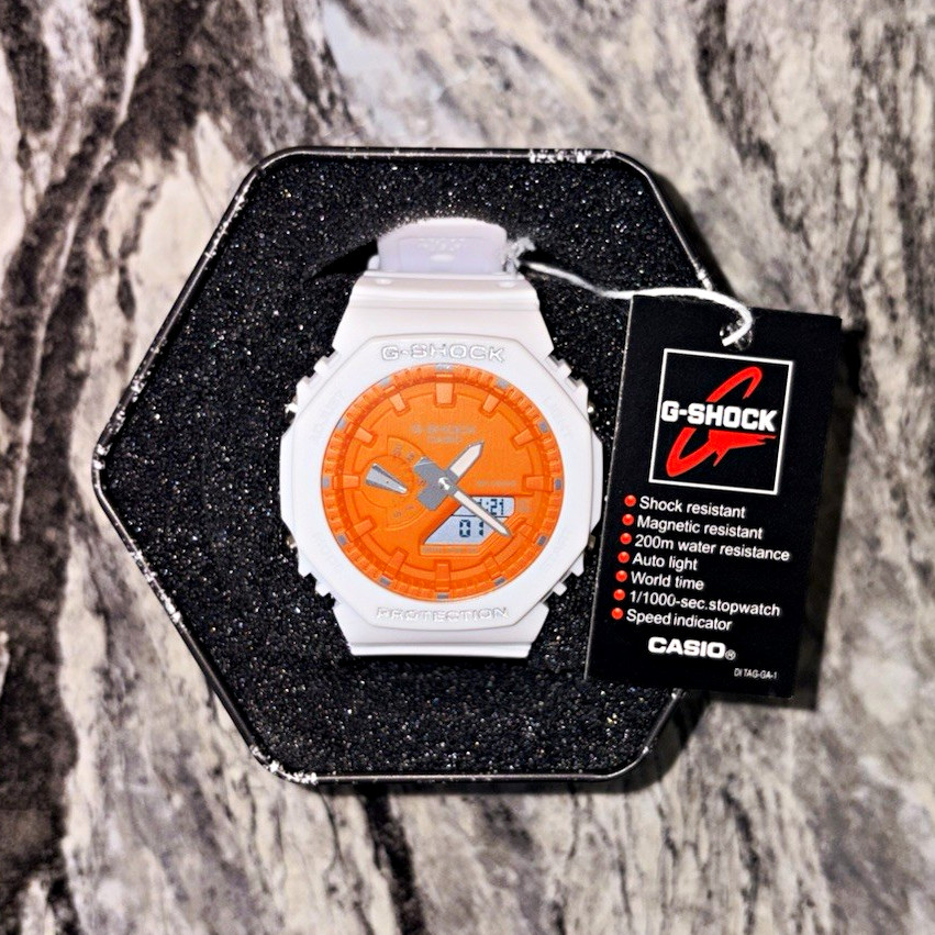 Casio G-Shock Analog/Digital Orange Dial White Resin Quartz 200m w/ Box