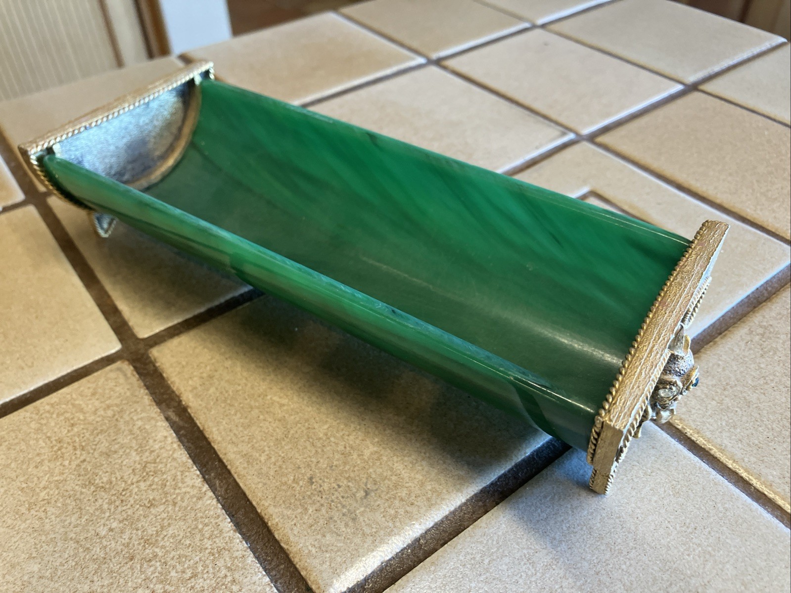 GREEN SLAG GLASS & BRASS JEWELED FOOTED PEN TROUGH DESK CADDY DISH VINTAGE