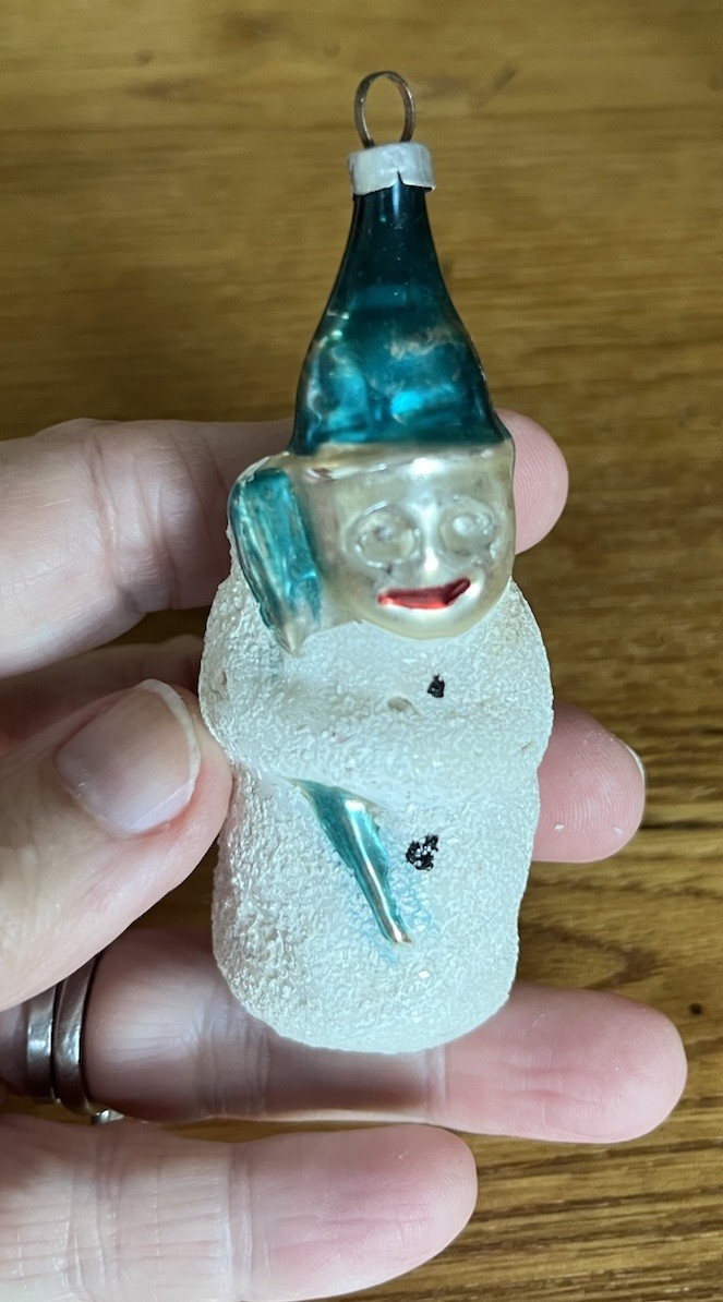 Antique 1900s German Glass Christmas Ornament Mica Snowman Blue Hat Broom 3 Inch