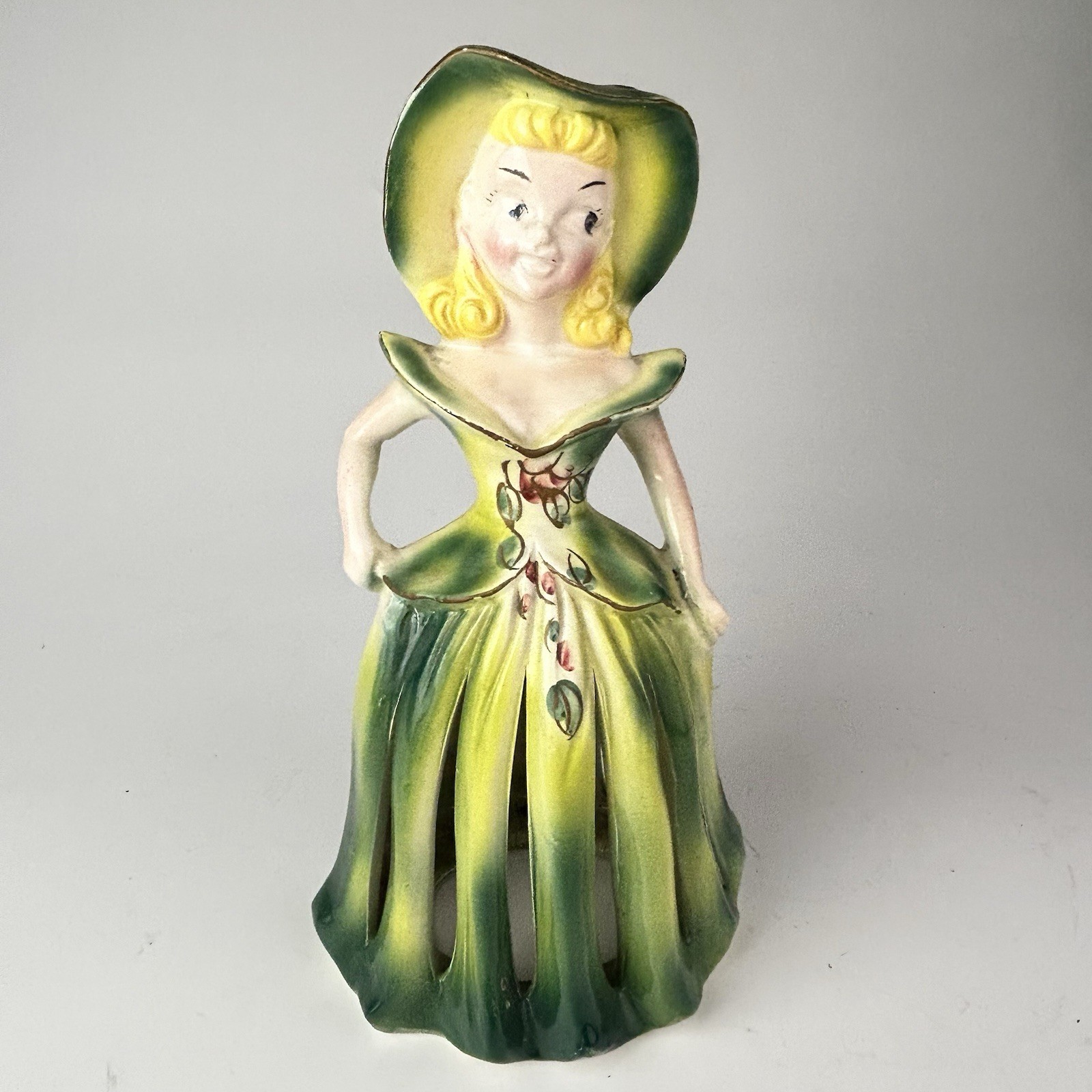 VTG 50's Ceramic Kreiss Napkin Lady Green Dress Candle Holder 9” Tall Japan