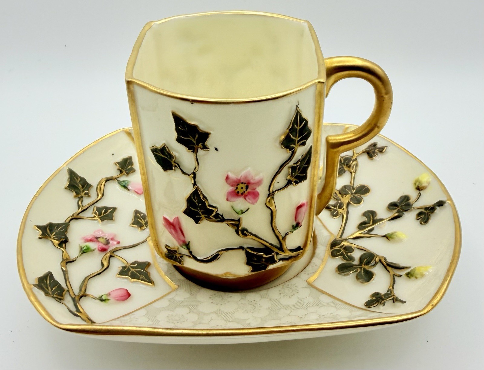 Antique Royal Worcester Japanesque Aesthetic Relief Demitasse Cup & Saucer 1880s
