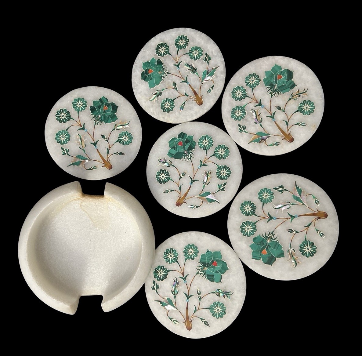 VTG 6pc Malachite Inlay Marble Tea Round Coasters Floral Emerald Green w/Holder