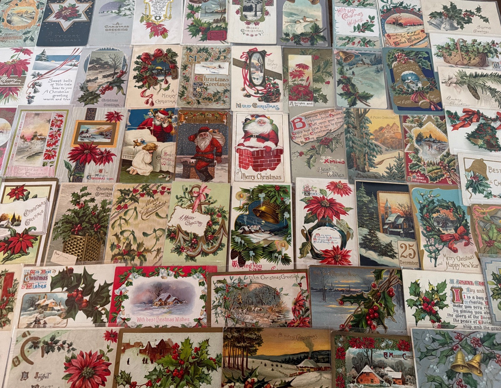 Big Lot of~65~Antique Christmas~Vintage~Postcards~~3 Santa's~in sleeves~s673