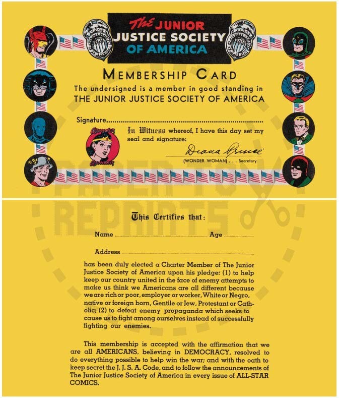THE JUNIOR JUSTICE SOCIETY OF AMERICA V1 MEMBERSHIP CARD - VINTAGE FANTASY