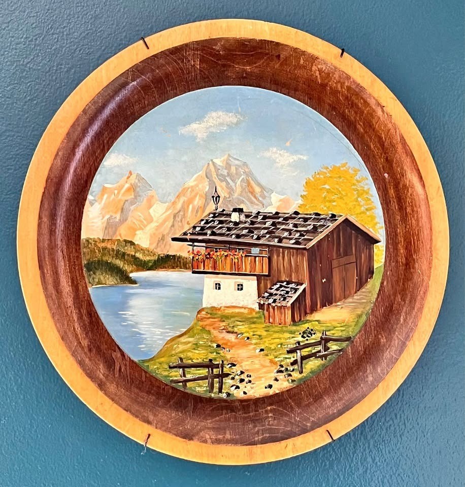 Vintage hand-painted Alpine-scene wooden hanging plate