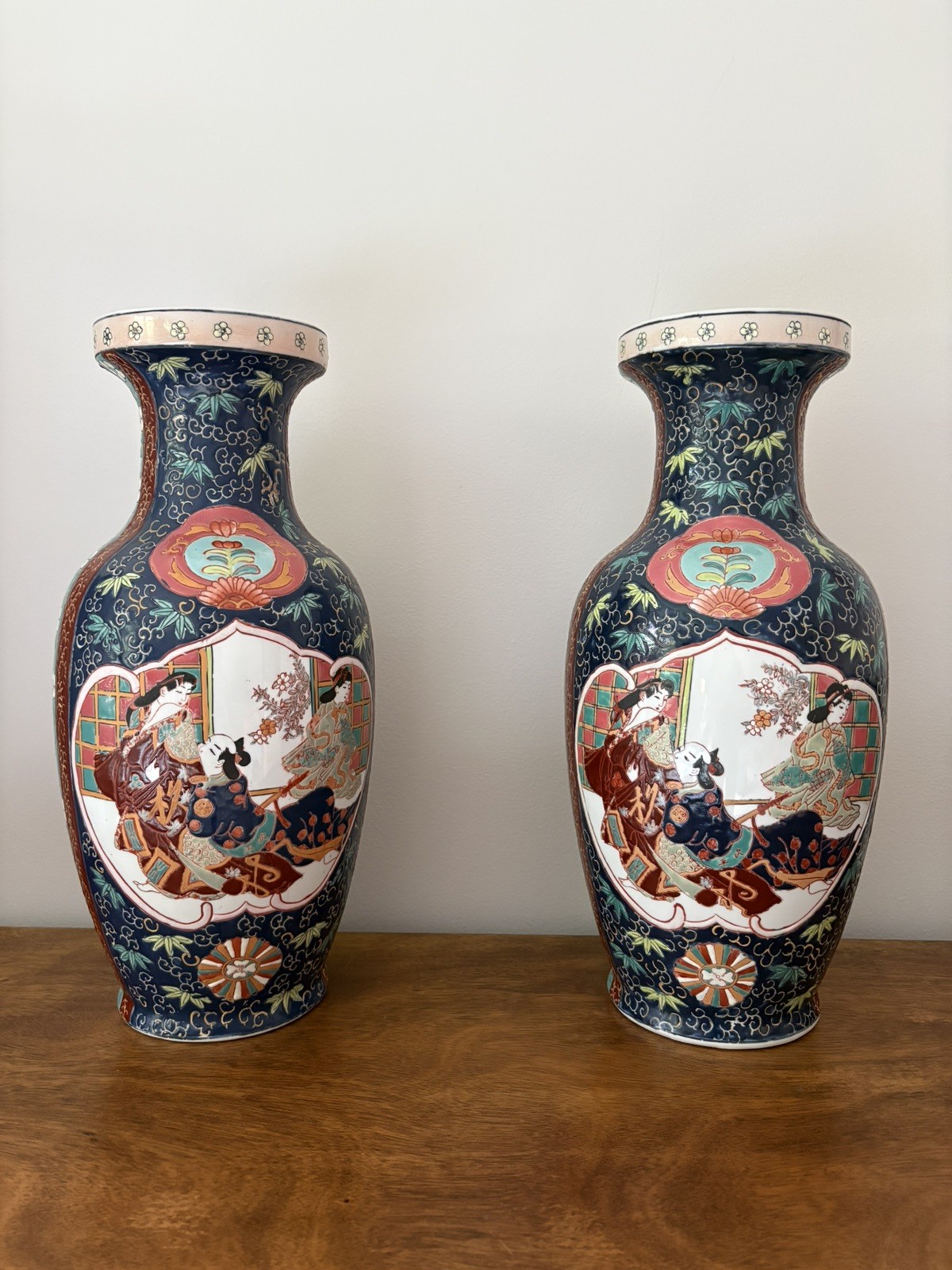 Vintage Maitland-Smith Ltd. Hand Painted Porcelain Vases Set of 2 - Blue Geisha