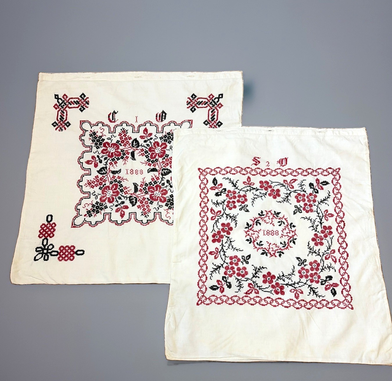 Antique Ukrainian Embroidered Pillow Covers Set Of 2 Folk Cottage Handmade 16X16