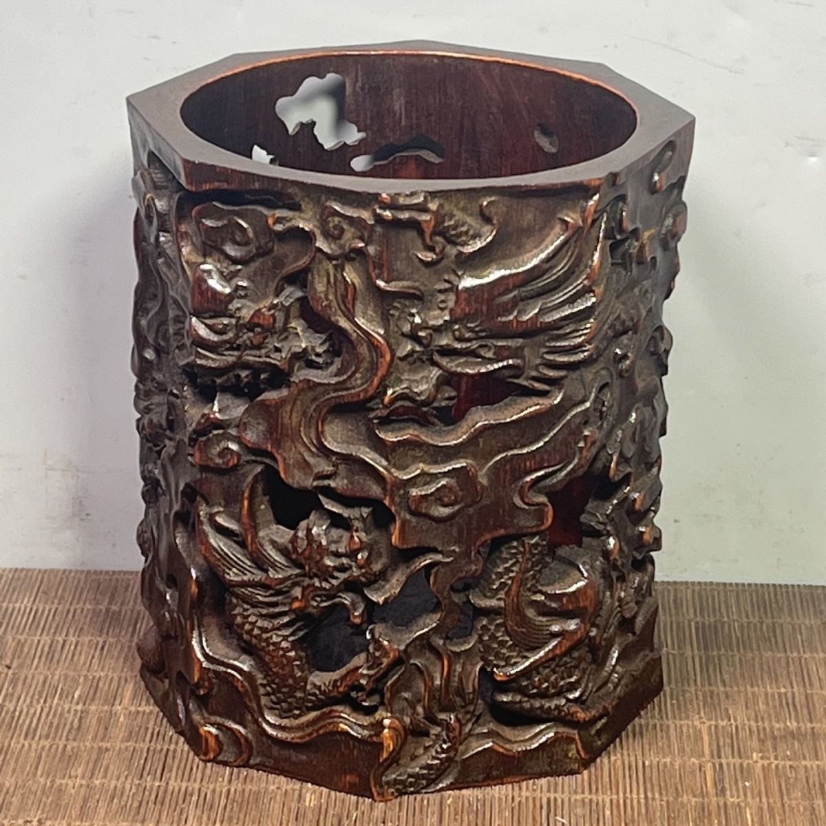 Vintage Octagonal Bamboo Brush Pot with Dragon Carvings, 13x15.5cm