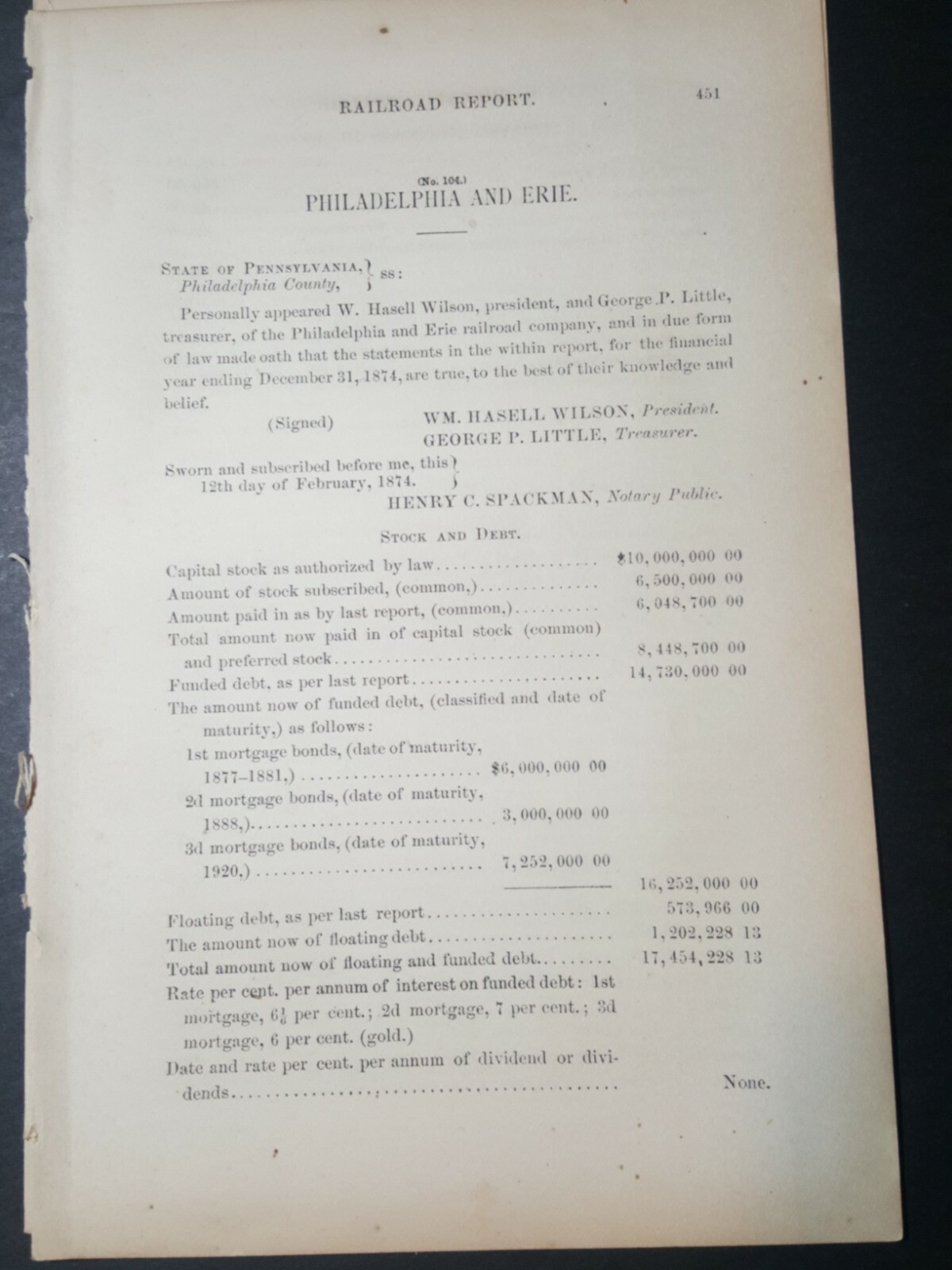 1874 train report PHILADELPHIA & ERIE RAILROAD Sunbury Warren Pennsylvania 