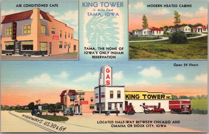 Vintage 1939 Tama, Iowa LINEN Postcard KING TOWER ONE-STOP Highway 30 Roadside