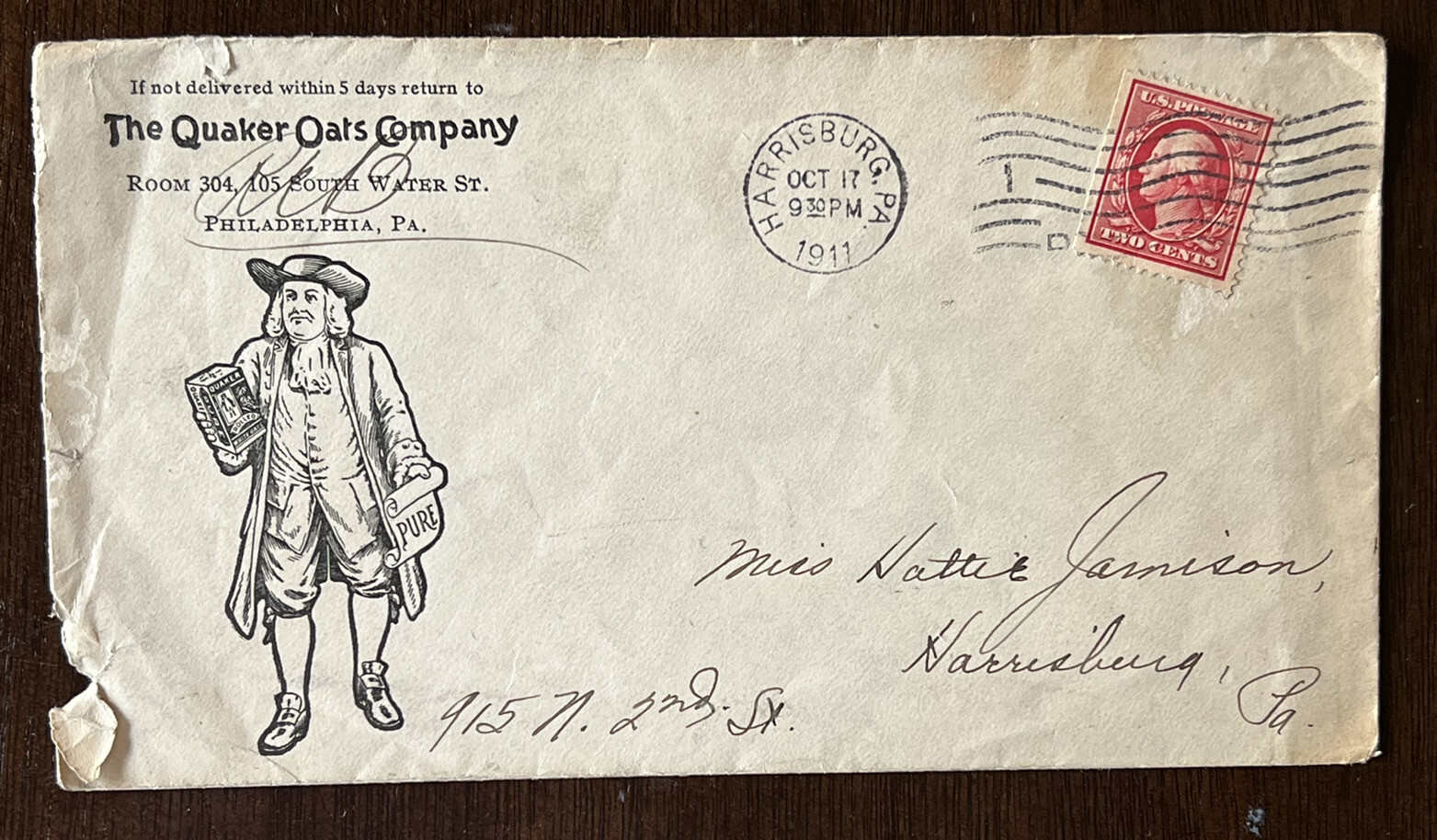 RARE QUAKER OATS COMPANY 1911 PENNSYLVANIA COVER