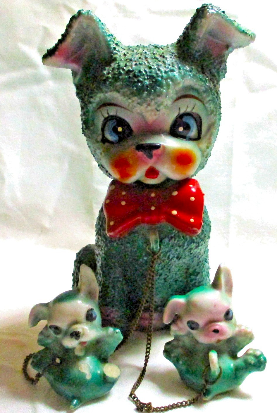 RARE GREEN VINTAGE JAPAN SUGAR GLAZE DOG & PUPPIES FIGURINE ANTHROPOMORPHIC 1950