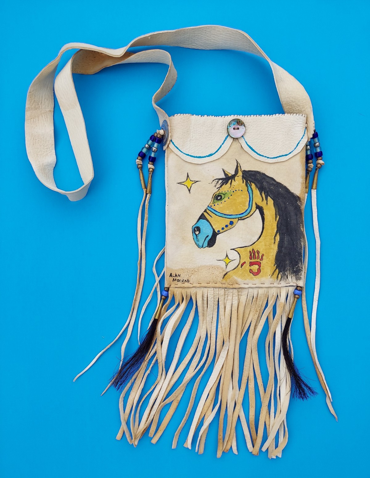 LEATHER BAG w HAND PAINTED HORSE Native American- Lakota -Sioux - by ALAN MONROE
