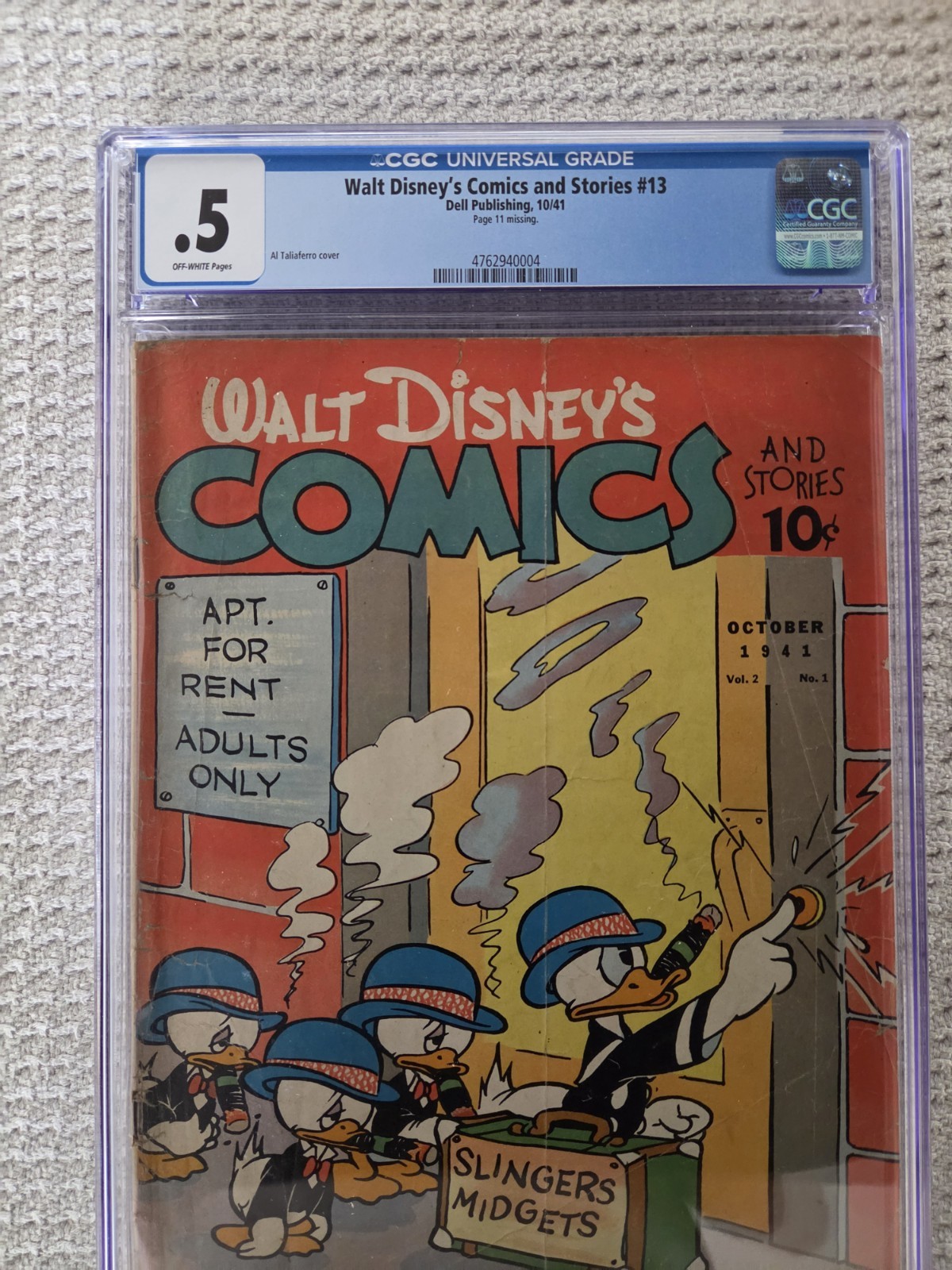 Walt Disney's Comics and Stories # 13 CGC 1941 Notorious Ducks Smoking WW2 Cover