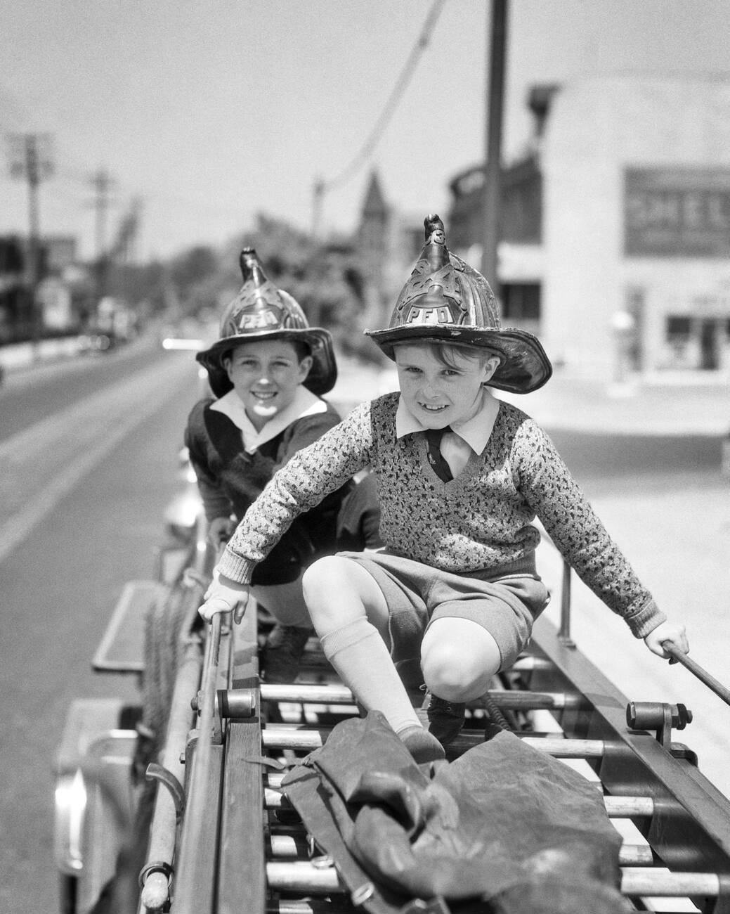 Vintage Boy Firemen 1930s BLK and White Matte Photo Reprint 8\