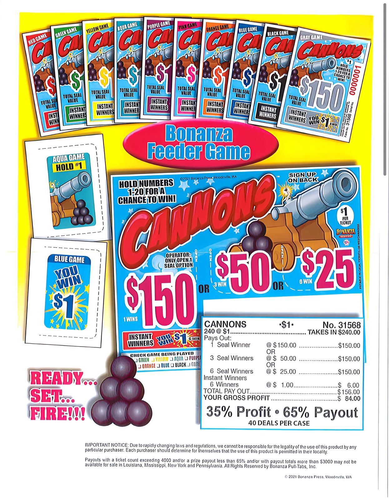 Pull Tab Ticket - Hard Card - Game - Cannons - 240 ct