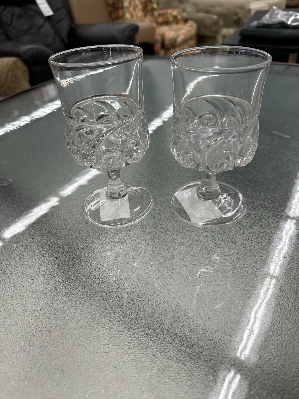 set of 2 Duncan & Miller Snail Pattern Glass Early American water glasses 6-1/2