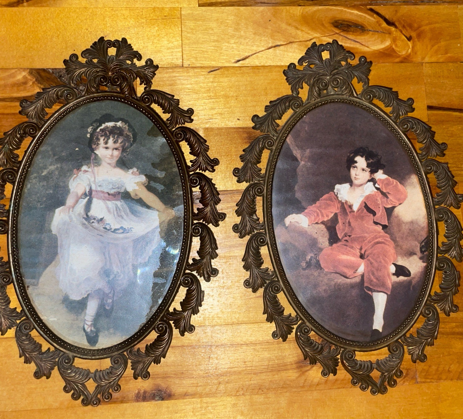 Vintage Italian Brass Oval Picture Frames Pair FR2 B1S Ornate Boy Girl Prints