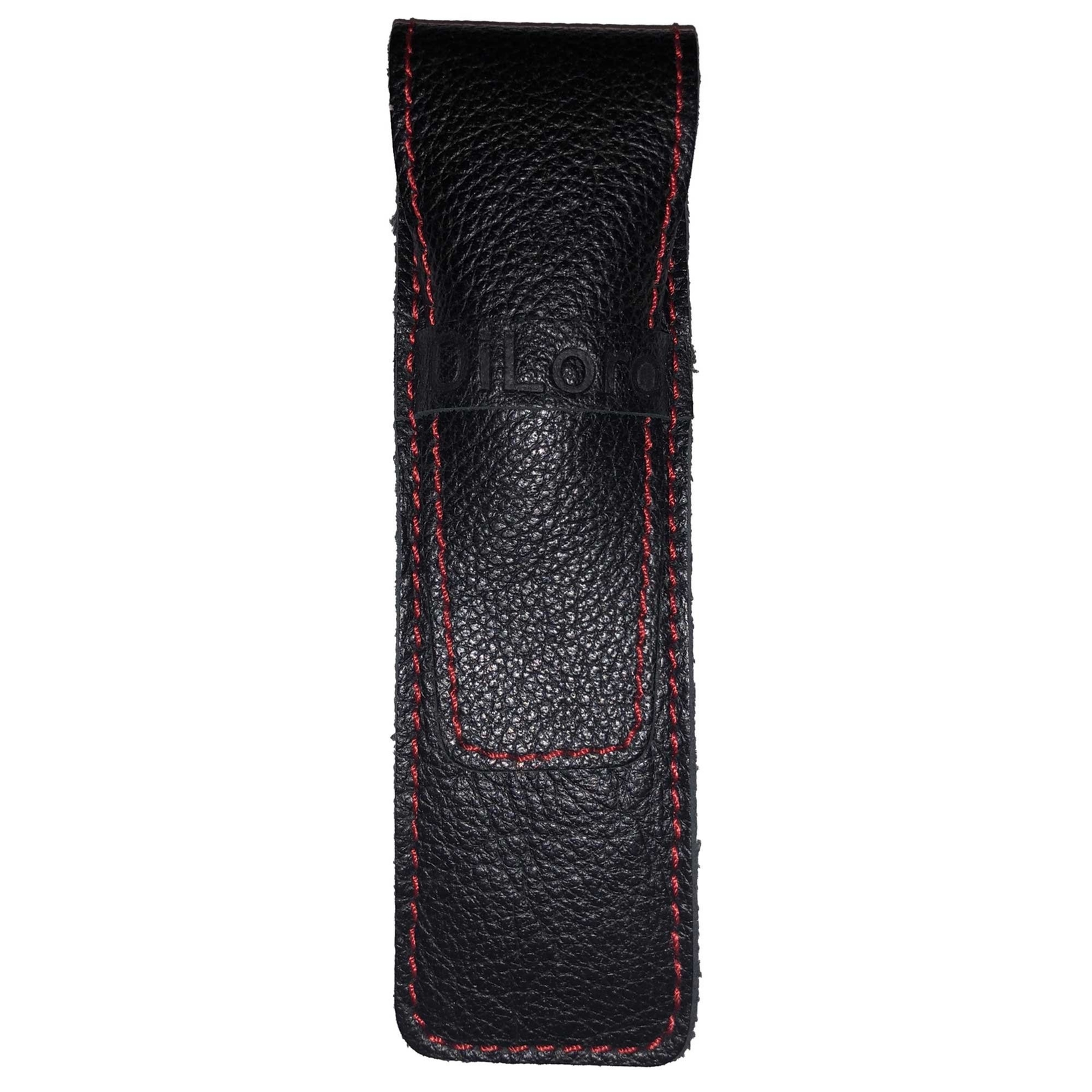 DiLoro Full Grain Top Quality Leather Single Pen Case Holder Pouch Black and Red
