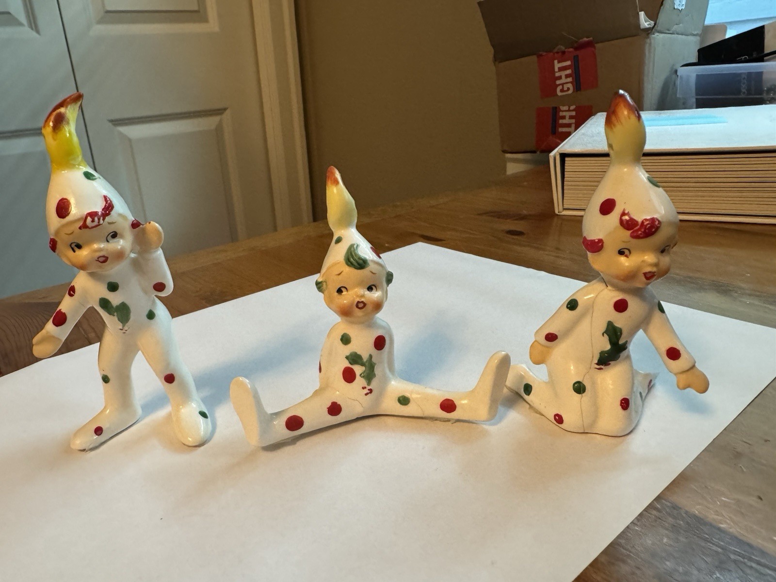 Vintage Japan Ceramic Christmas Polka Dot Kids With Flame On Top Heads
