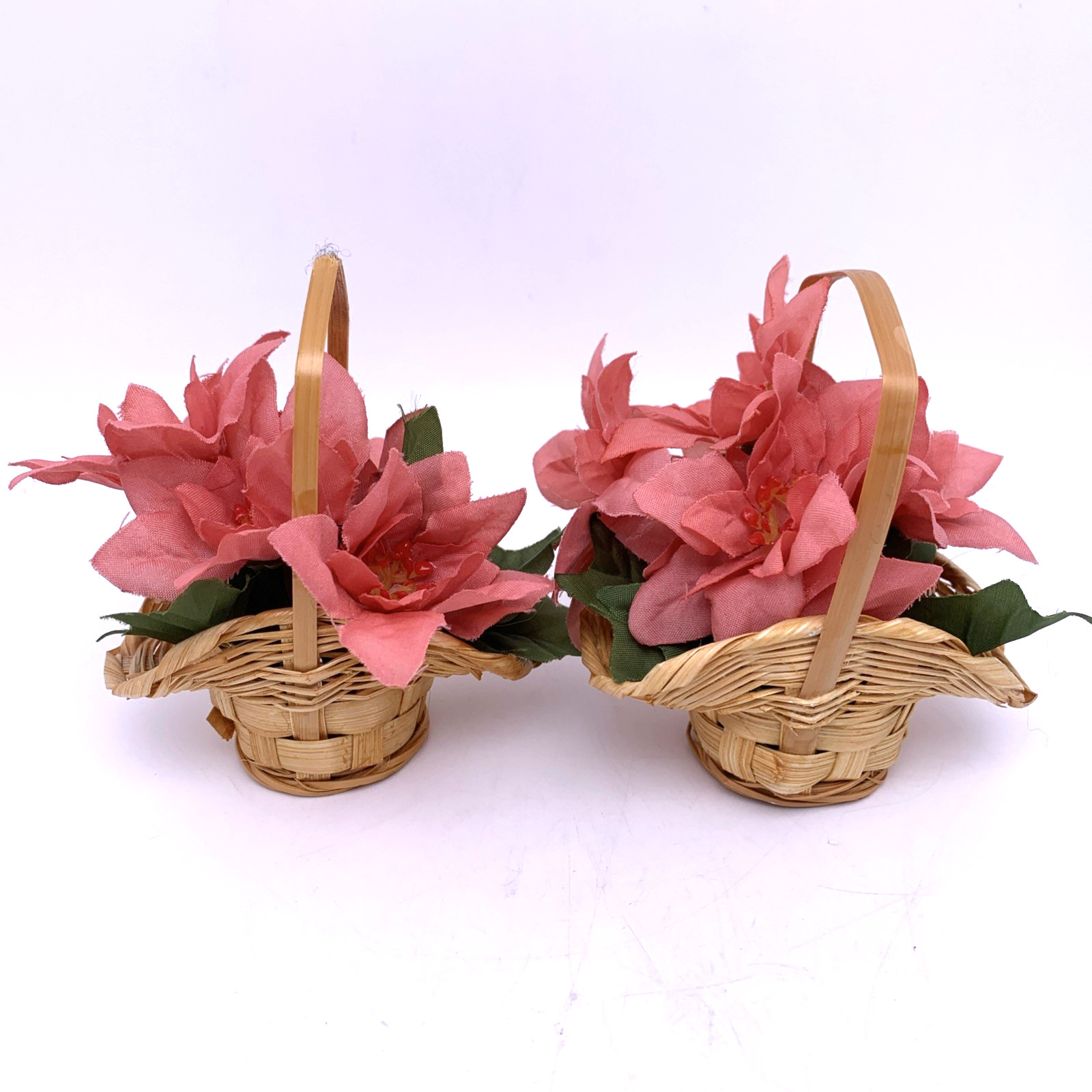Lot of 2 PINK POINSETTIA Flower Basket for Byers Choice Carolers Accessory