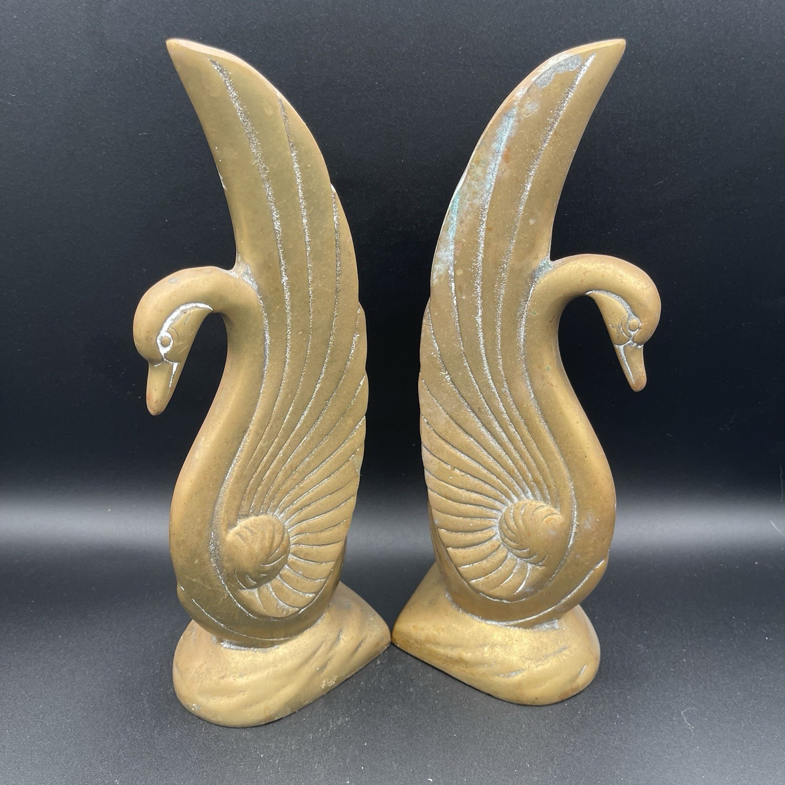 Vintage 10.5 Inch Solid Brass Swan Bookend Sculptures MCM Art Deco