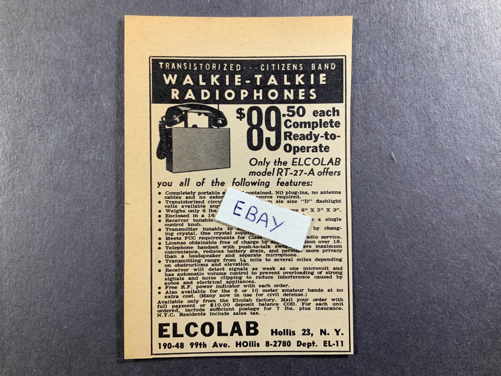 Rare 1959 Ad. Ecolab. Hollis, NY. Walkie-Talkie Radiophones. Model RT-27-A